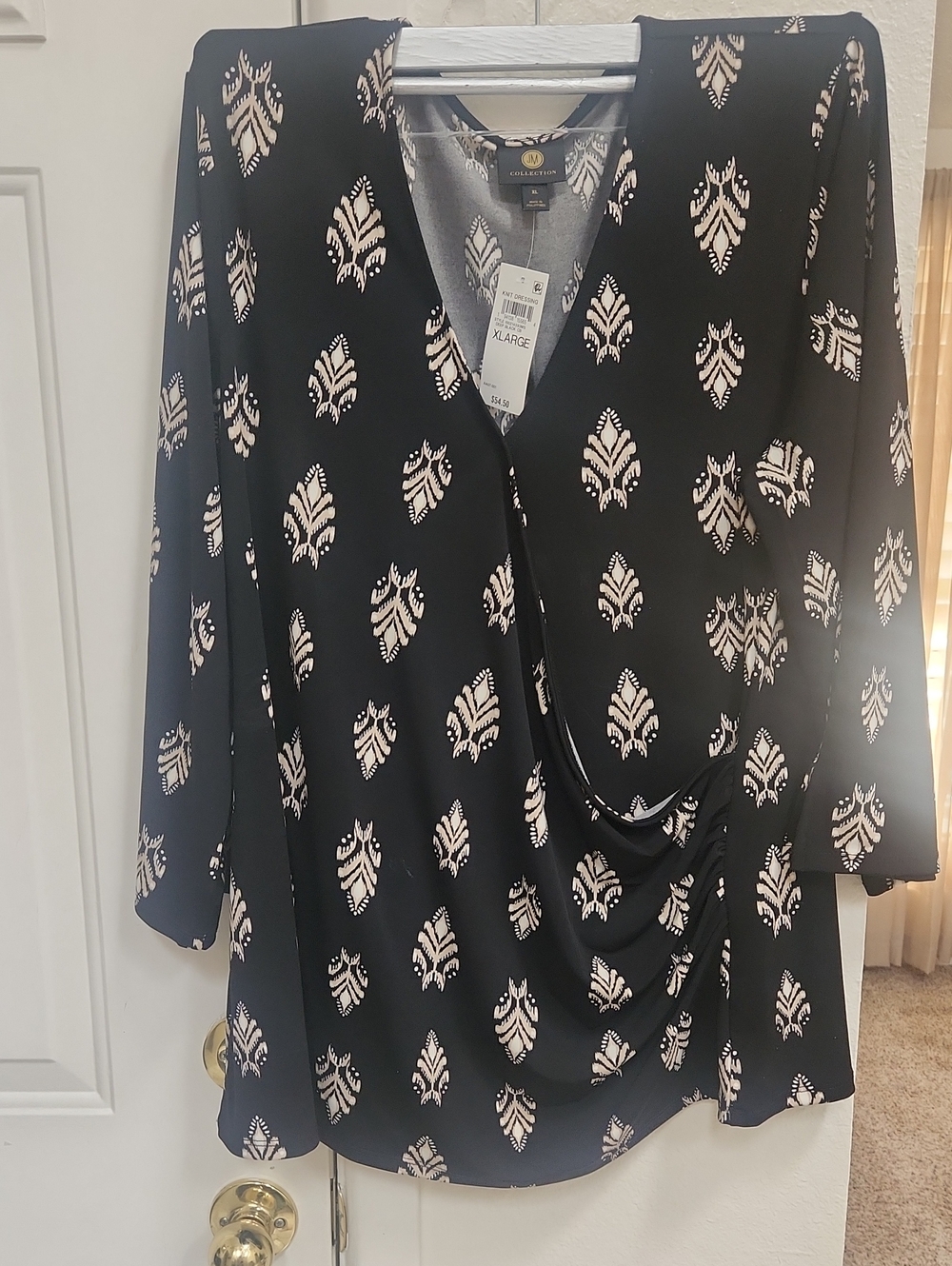 JM Collection Black Tunic with Cream Floral Motif